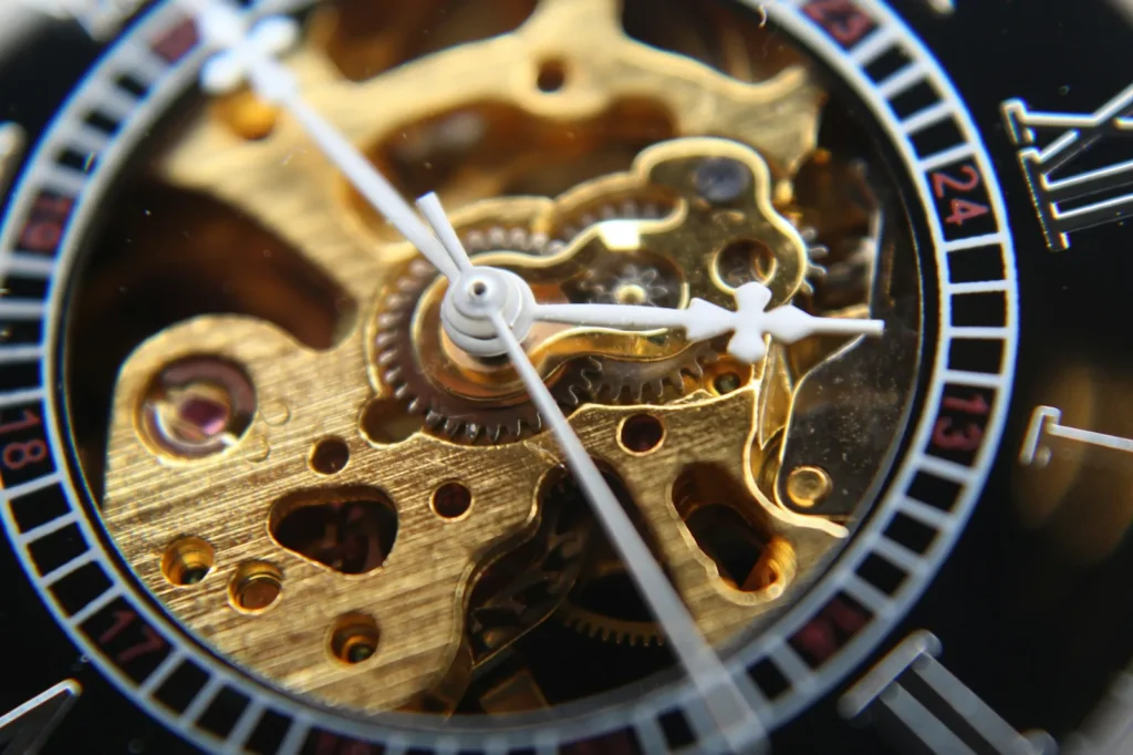 The rotor and bridges of an automatic movement seen at high magnification