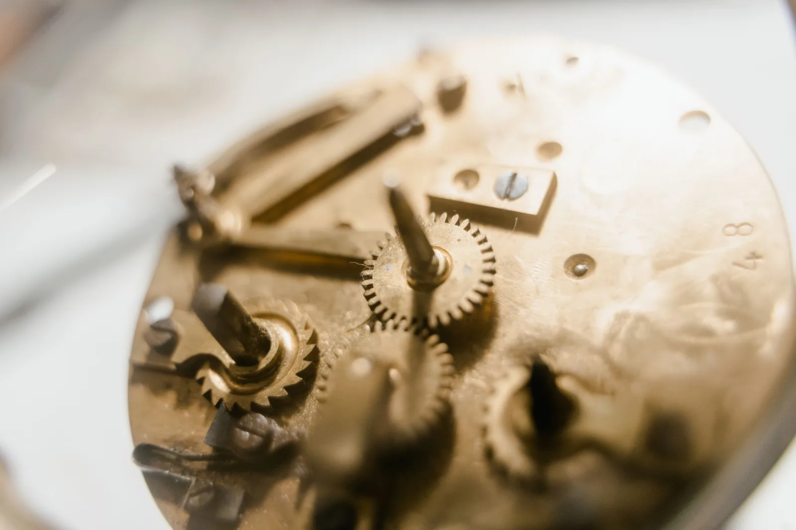Brass gear wheels of a watch train meshing, seen at high magnification