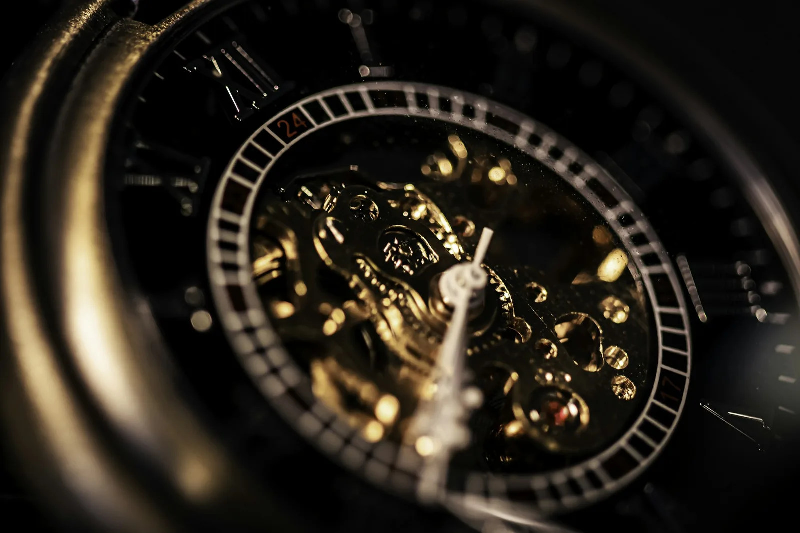 The bevelled edge of a watch movement bridge photographed at high magnification